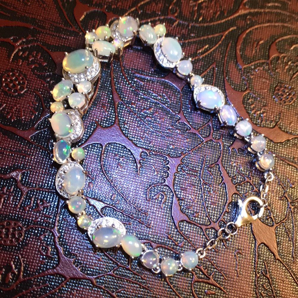 Sterling silver natural opal Cz bracelet 6.8”